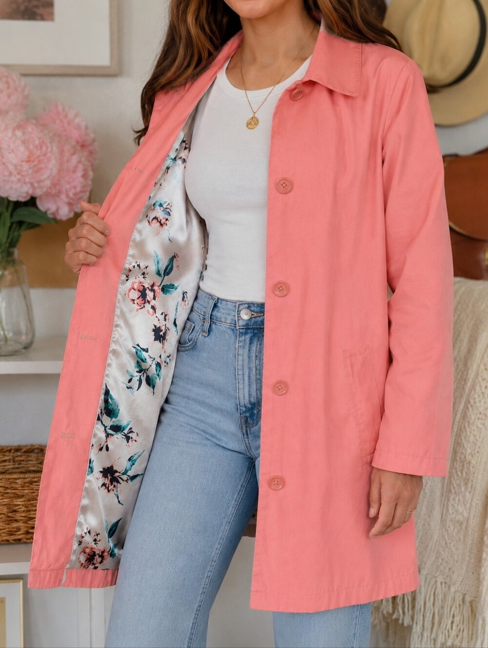Sears Spring Coral Raincoat Jacket Floral Satin Lined Cottagecore XL